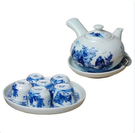 Ấm chén Bát Tràng men lam Trúc Lâm Thất Hiền dáng quai ngang 1