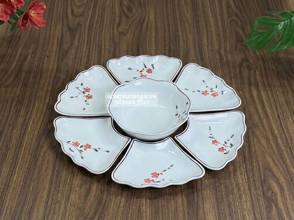 Bộ bát đĩa thờ cúng gia tiên vẽ hoa đào cỡ nhỏ 45cm 7 món 1
