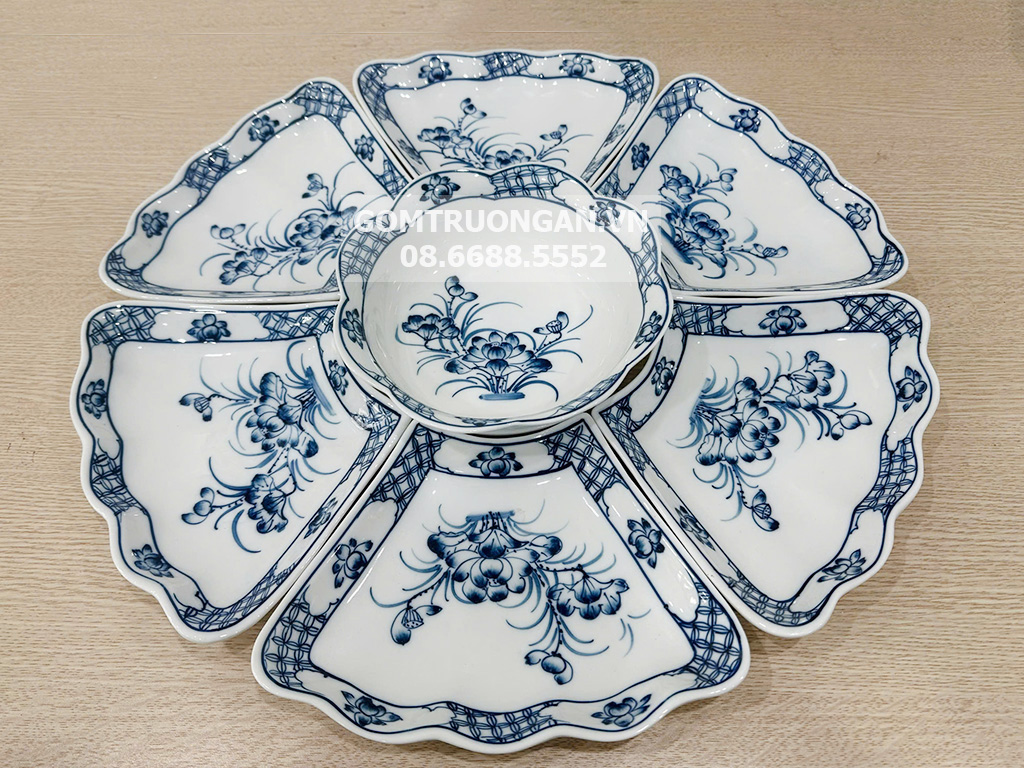 Bộ bát đĩa thờ cúng men trắng vẽ Hoa Sen cỡ to 7 chi tiết 1