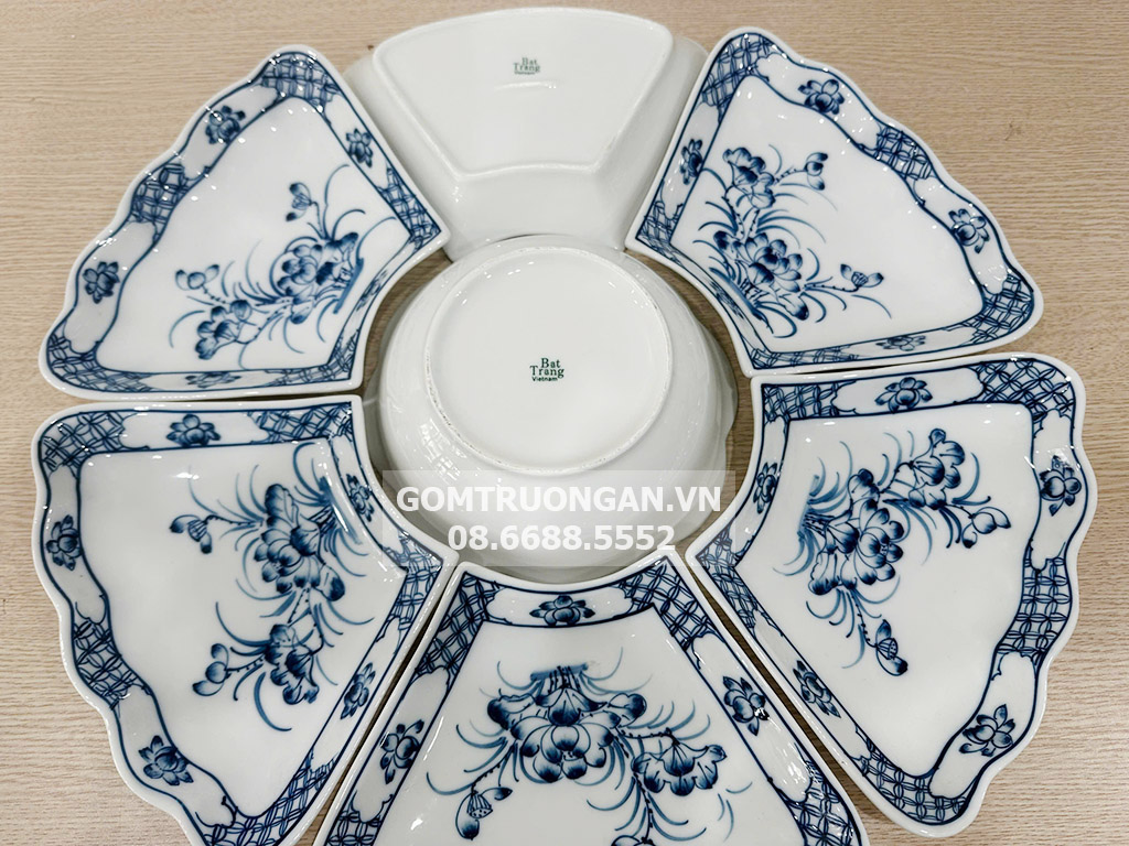 Bộ bát đĩa thờ cúng men trắng vẽ Hoa Sen cỡ to 7 chi tiết 3