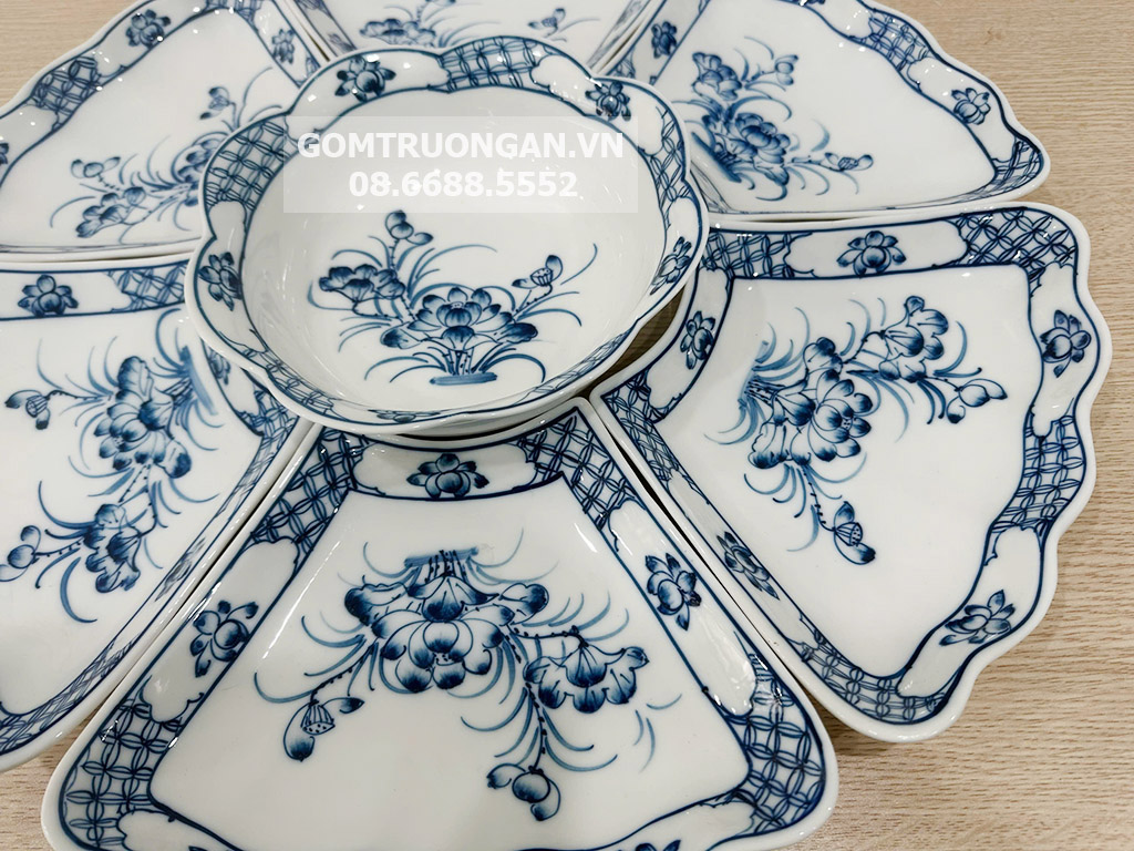 Bộ bát đĩa thờ cúng men trắng vẽ Hoa Sen cỡ to 7 chi tiết 4