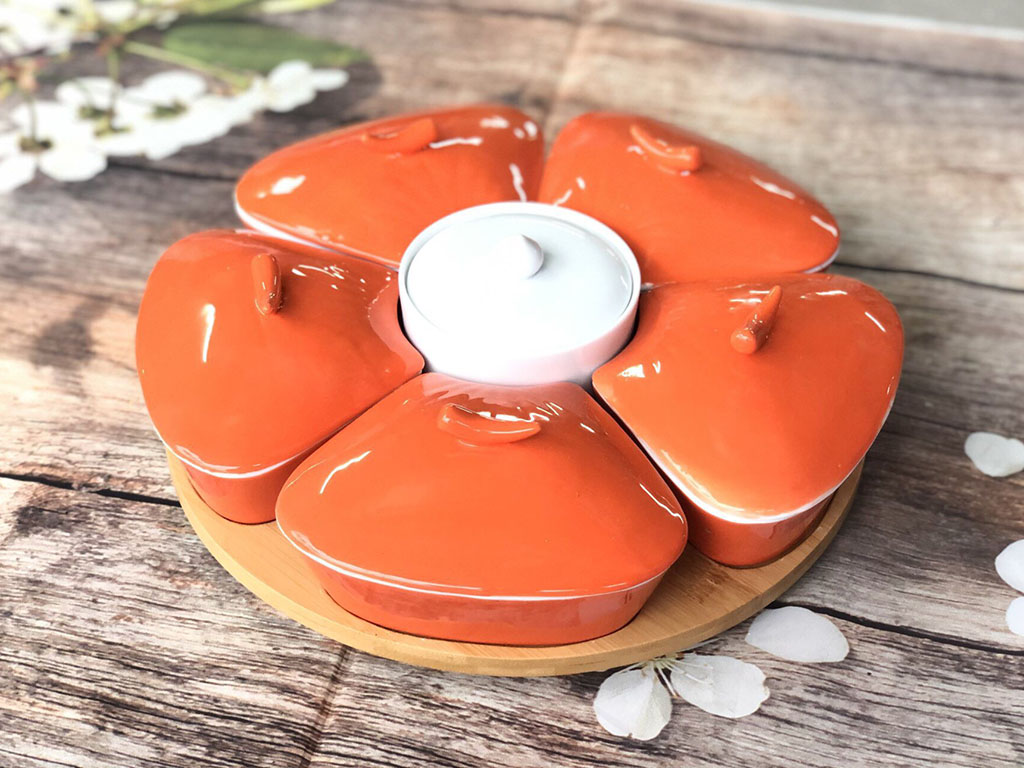 Khay mứt sứ men cam 5 cánh