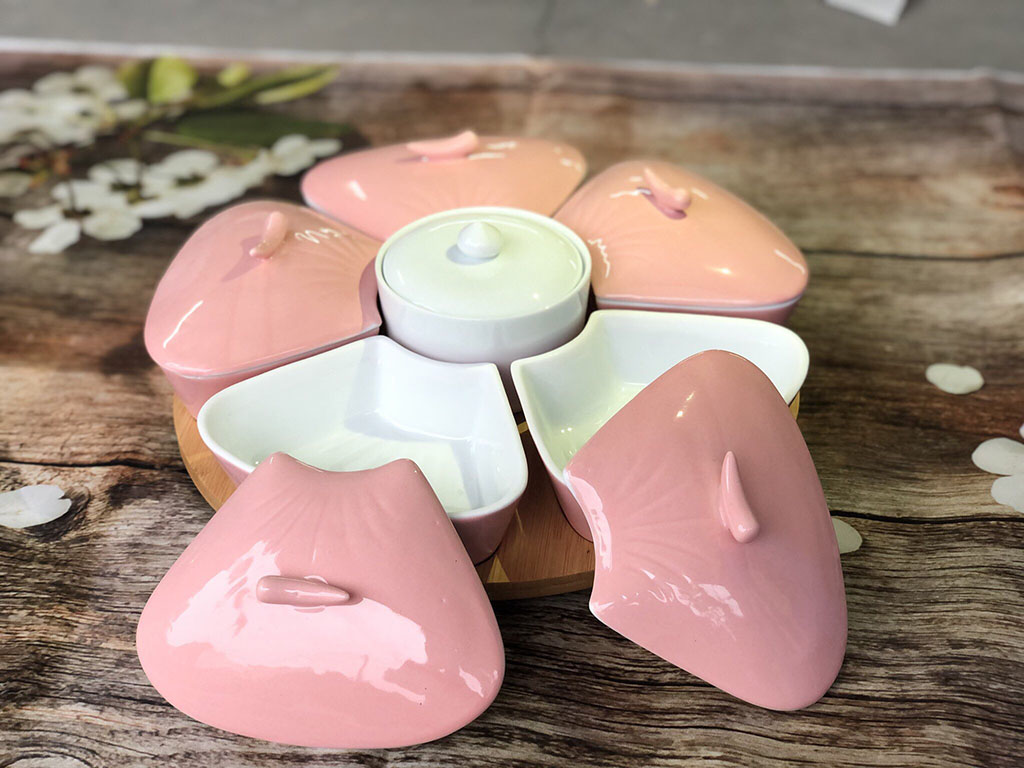 Khay mứt sứ men hồng 5 cánh