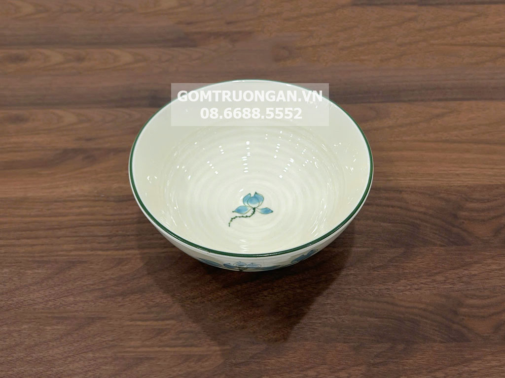 Bát tô men kem vẽ hoa sen xanh 18 2