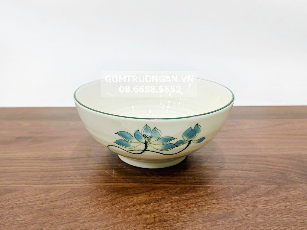 Bát tô men kem vẽ hoa sen xanh 18 1