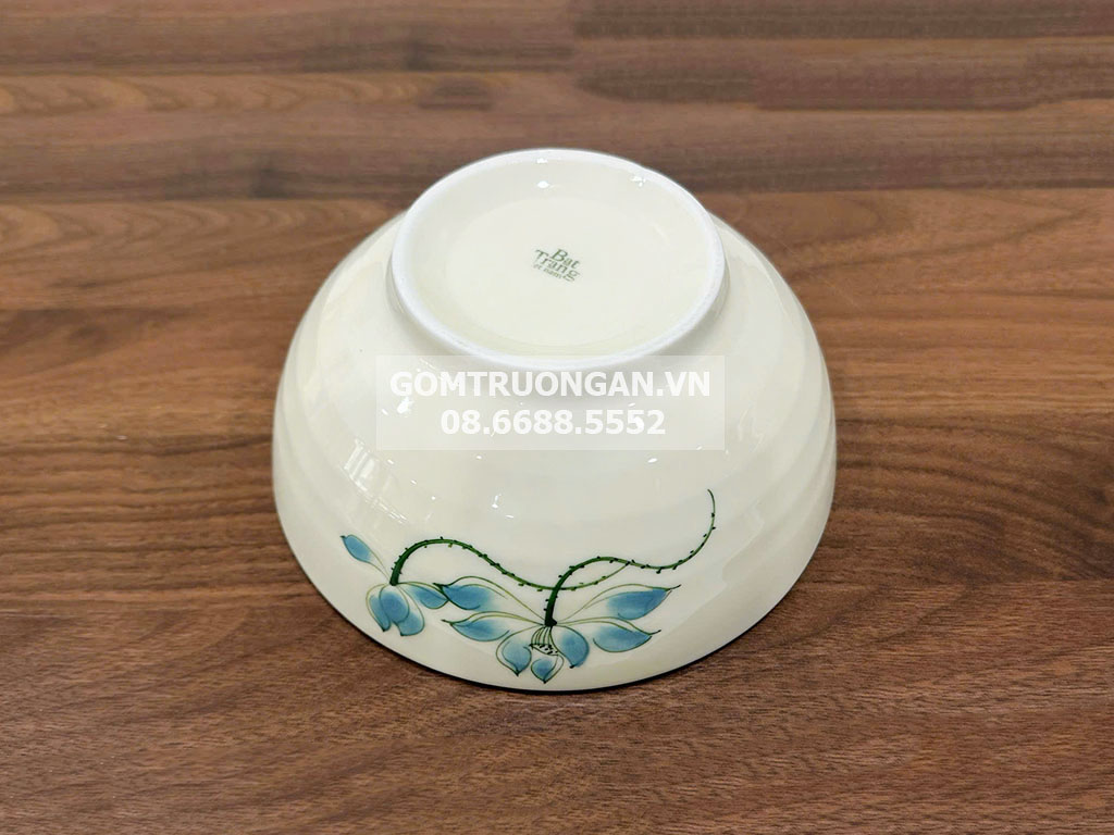 Bát tô men kem vẽ hoa sen xanh 20 3