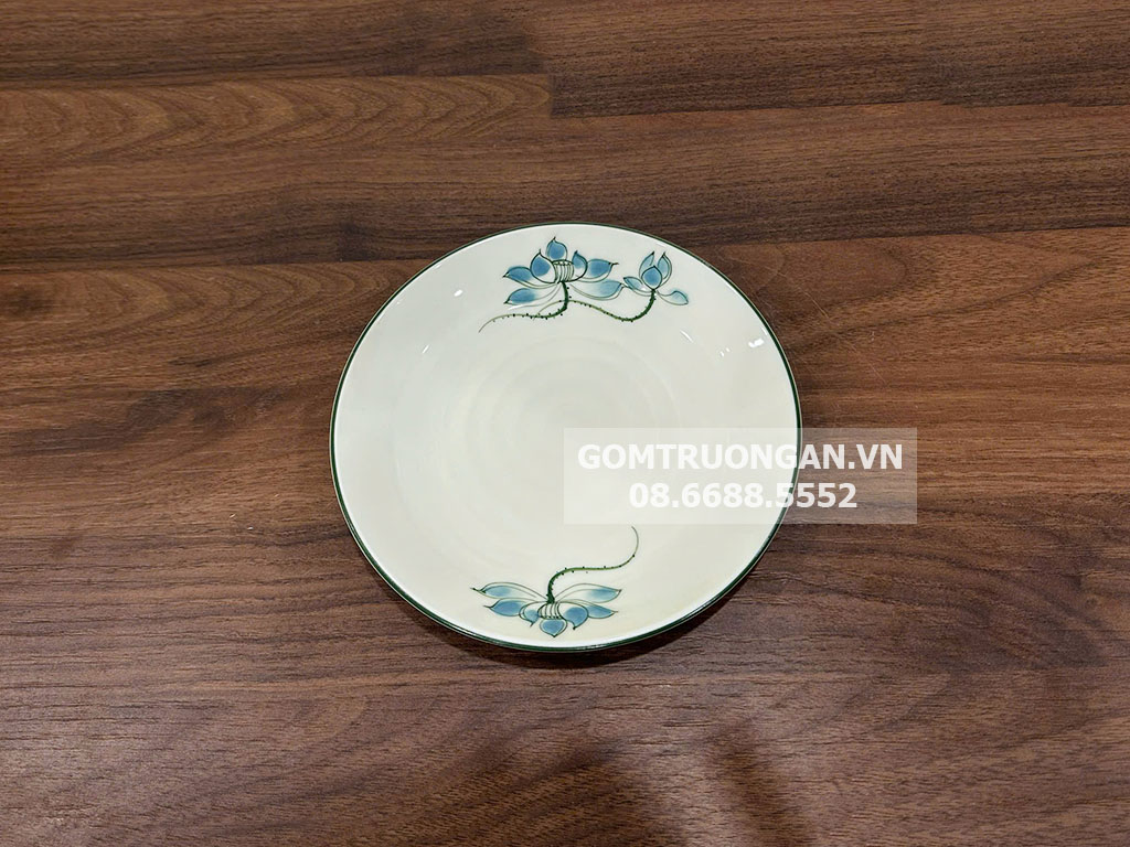 Đĩa tròn men kem vẽ hoa sen xanh 20 2