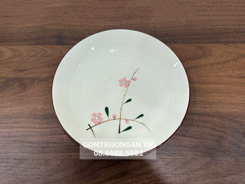 Đĩa tròn men kem vẽ hoa đào hồng 18 1