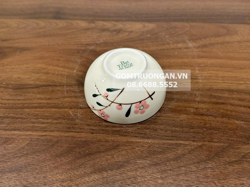 Bát mắm men kem vẽ hoa đào hồng 3