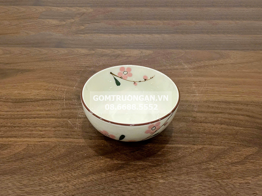 Bát mắm men kem vẽ hoa đào hồng 1