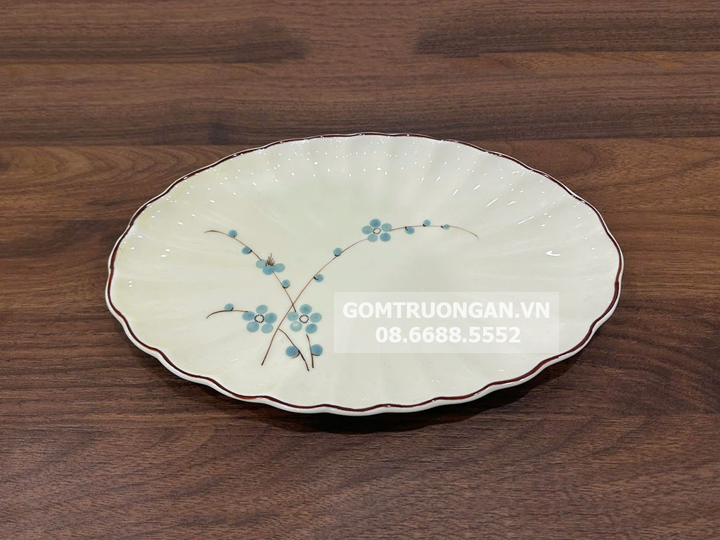 Đĩa bầu dục men kem vẽ hoa đào xanh S2 1