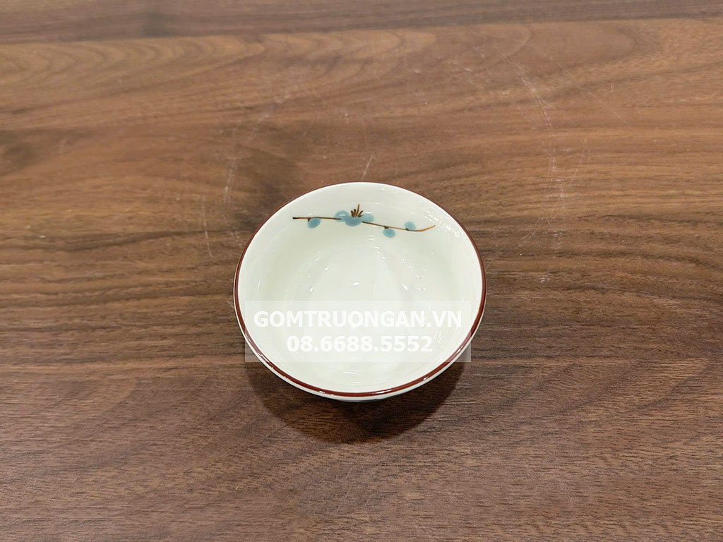 Bát mắm men kem vẽ hoa đào xanh 2