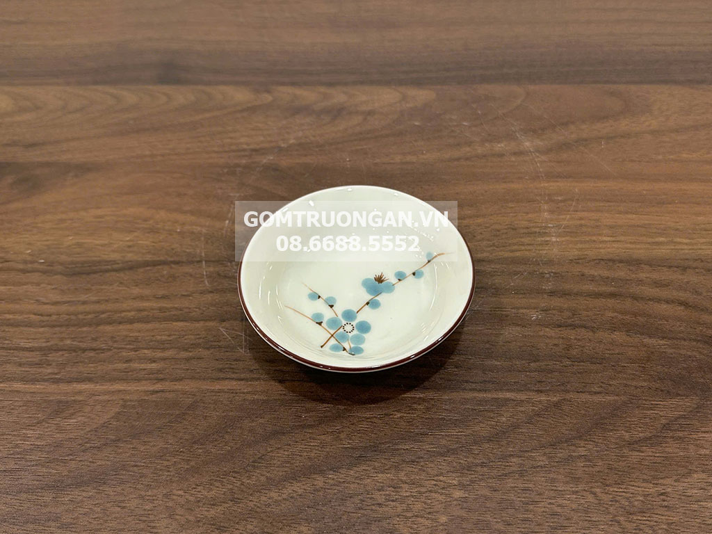 Đĩa đựng gia vị tròn men kem vẽ hoa đào xanh 1