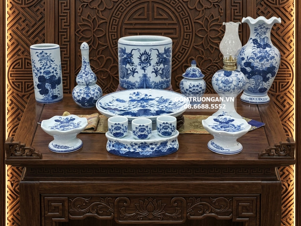 Bộ đồ thờ Bát Tràng men lam ngọc Lộc Phát ban thờ 1m07 1