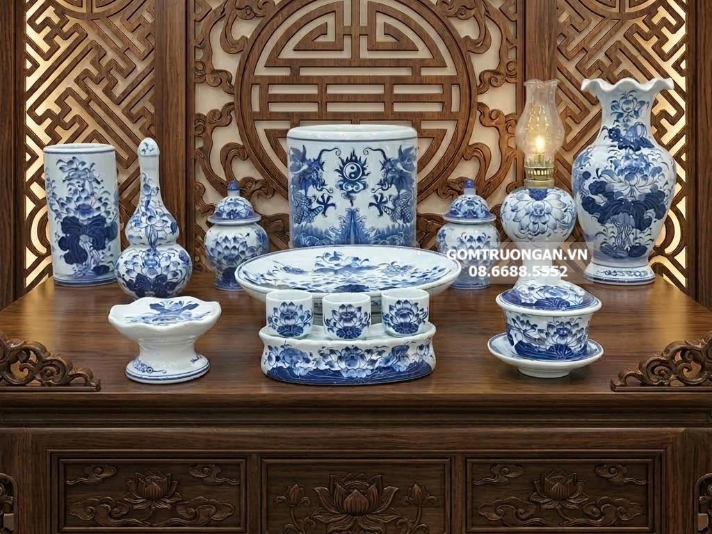 Bộ đồ thờ gia tiên men lam ngọc Lộc Phát ban thờ 1m27 1 bát hương 1