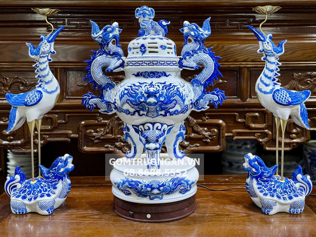 Bộ đỉnh hạc sứ men lam cao cấp 1