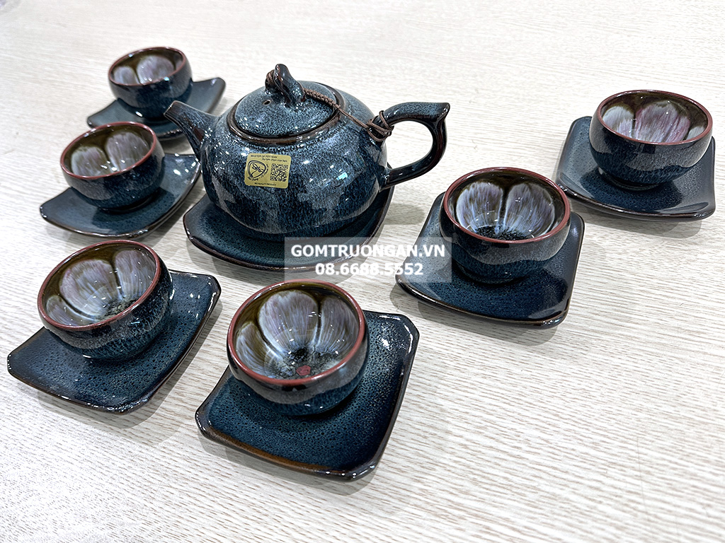 Bộ ấm chén men hỏa biến xanh ghi đúc lòng hoa dáng quả hồng 2