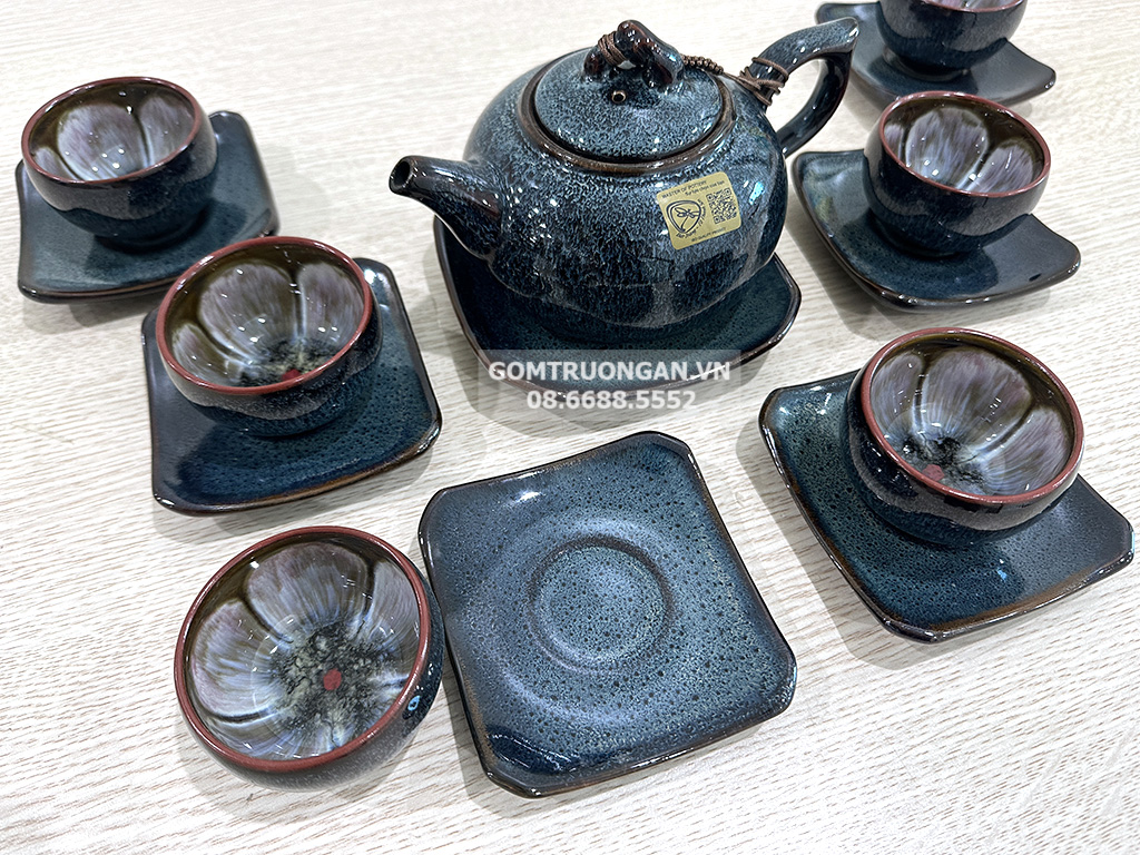 Bộ ấm chén men hỏa biến xanh ghi đúc lòng hoa dáng quả hồng 3