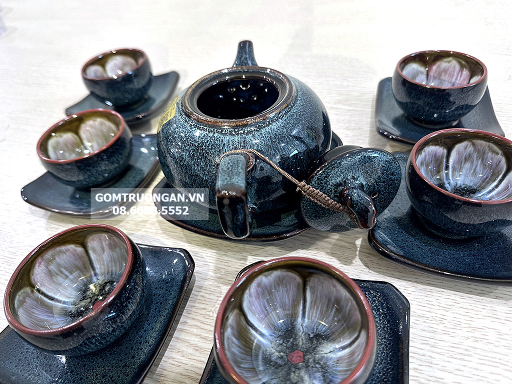 Bộ ấm chén men hỏa biến xanh ghi đúc lòng hoa dáng quả hồng 5