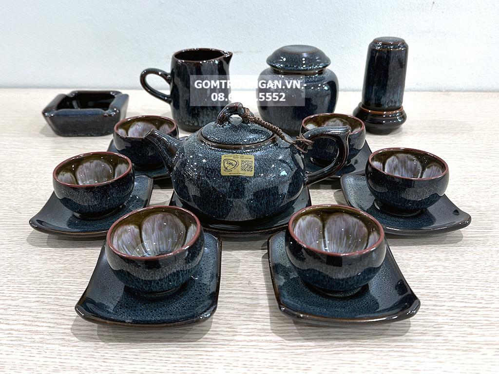 Bộ ấm chén men hỏa biến xanh ghi đúc dáng quả hồng đầy đủ phụ kiện 2
