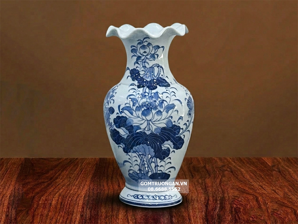 Lọ hoa bàn thờ miệng lượn men xanh ngọc Lộc Phát 25cm 1