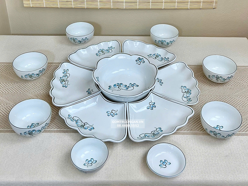 Bộ bát đĩa thờ cúng gia tiên vẽ hoa sen xanh nơ cỡ nhỏ 45cm 1