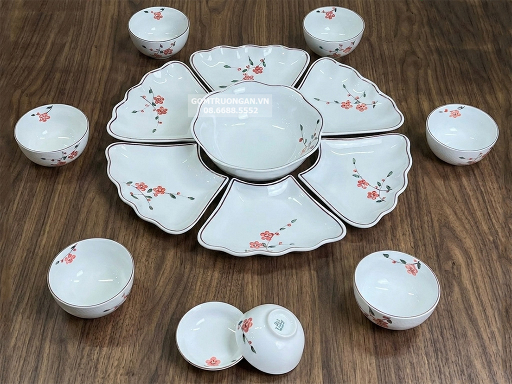 Bộ bát đĩa thờ cúng gia tiên vẽ hoa đào cỡ nhỏ 45cm 1