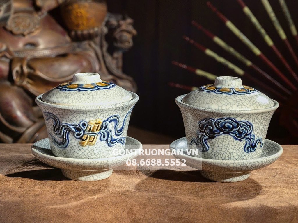 Bát trà sâm Vạn Phúc Trường Xuân đắp nổi cuốn thư cao cấp 2