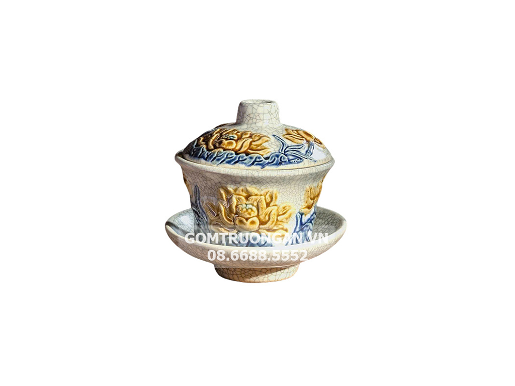 Bát trà sâm Vạn Phúc Trường Xuân đắp nổi hoa sen cao cấp cỡ to 1