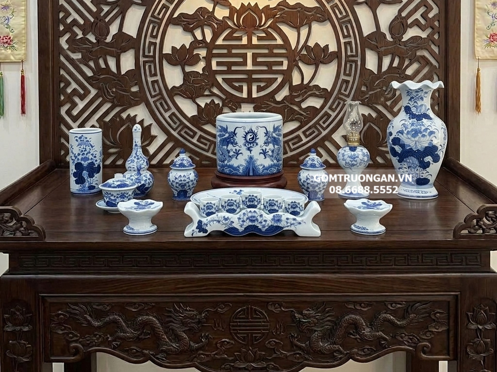 Bộ đồ thờ gia tiên men lam ngọc Lộc Phát ban thờ 1m53 1 bát hương 1