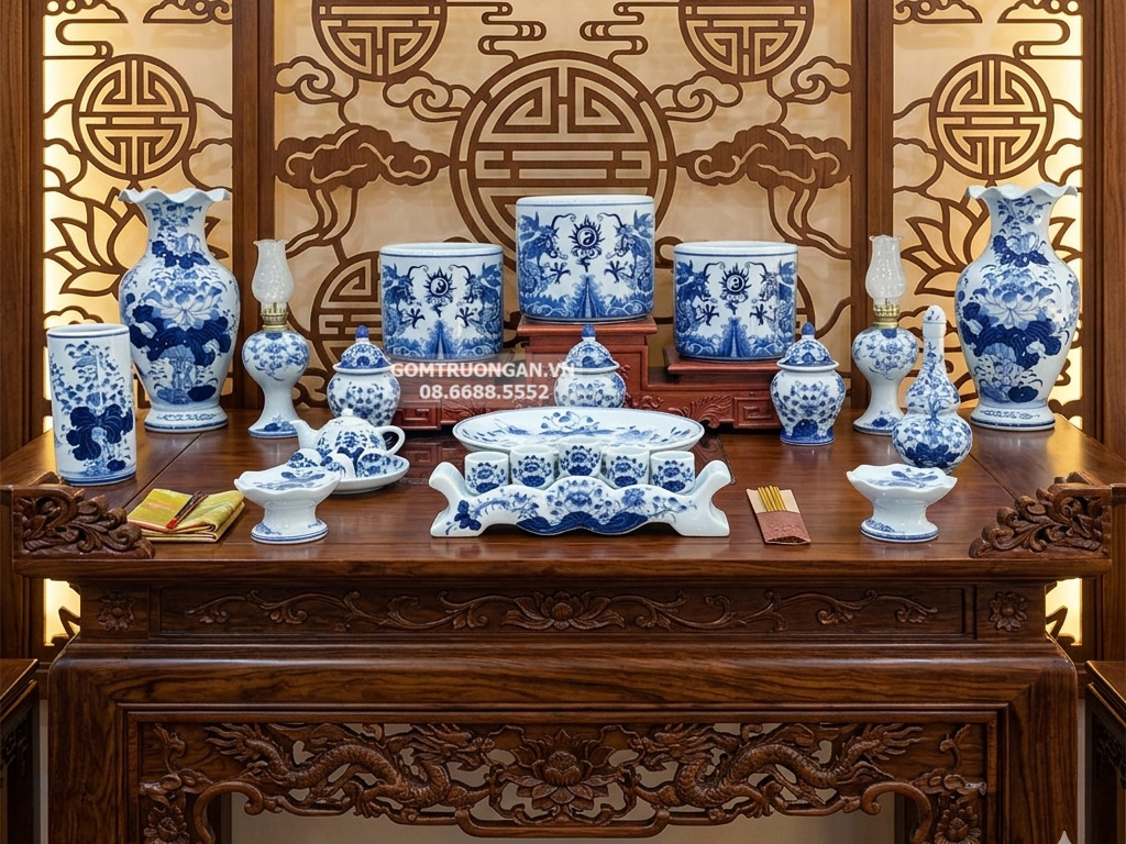 Bộ đồ thờ gia tiên men lam ngọc Lộc Phát ban thờ 1m75 3 bát hương 1