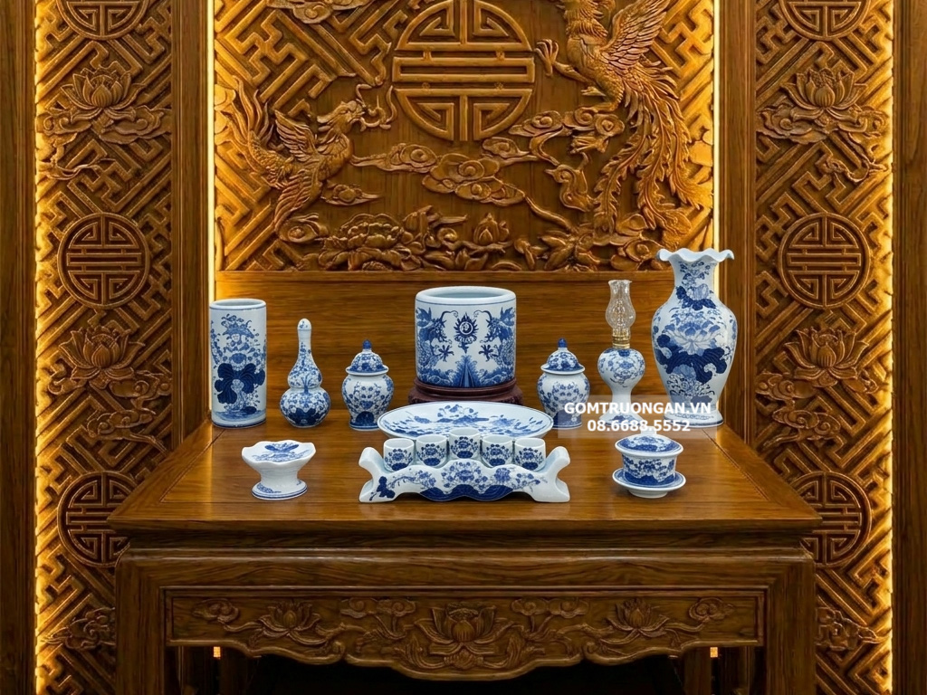 Bộ đồ thờ gia tiên men lam ngọc Lộc Phát ban thờ 1m97 1 bát hương 1