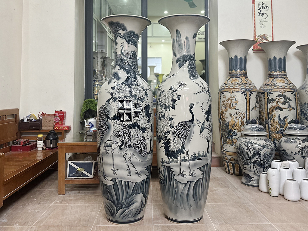 Lọ lộc bình Bát Tràng men chàm cổ Tùng Hạc Ngũ Phúc 1m6 