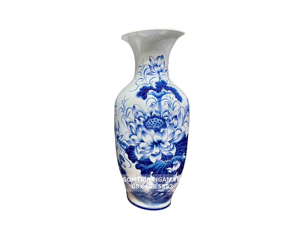 Lộc bình men lam hoa sen vẽ kỹ cao 25cm 1