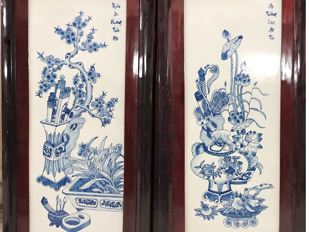 Tranh tứ quý cổ đồ men xanh 98x48cm 2