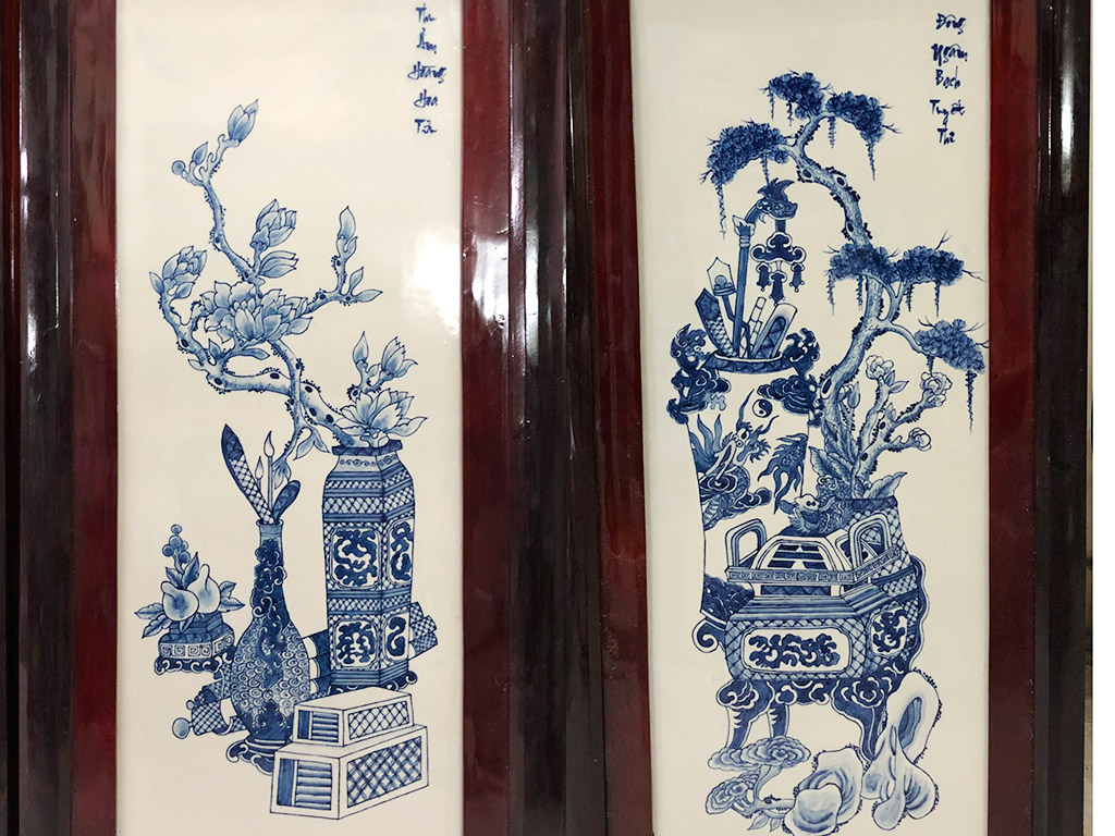 Tranh tứ quý cổ đồ men xanh 98x48cm 3