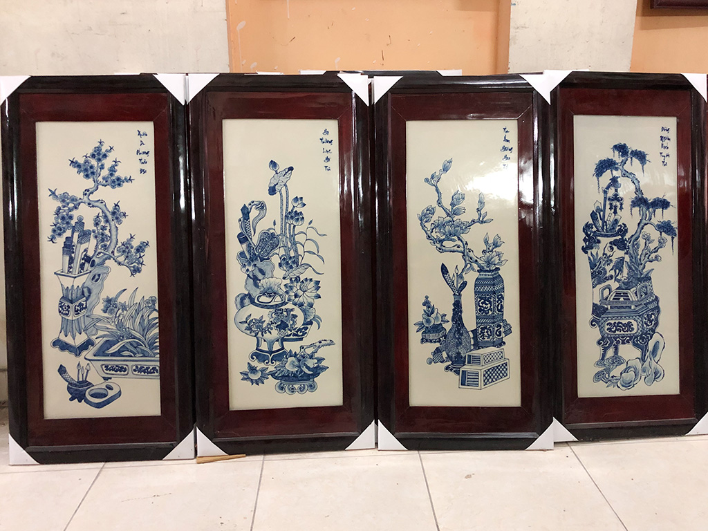 Tranh tứ quý cổ đồ men xanh 98x48cm 1