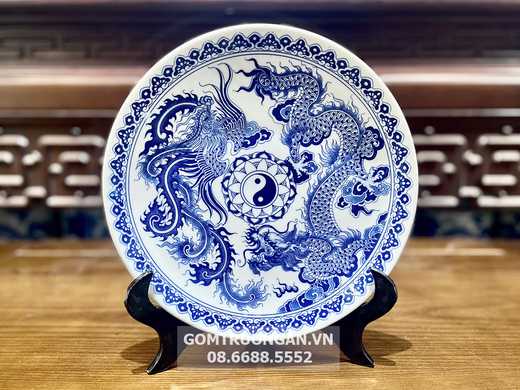 Mâm bồng men lam Long Phụng Rồng Phượng 30cm 1