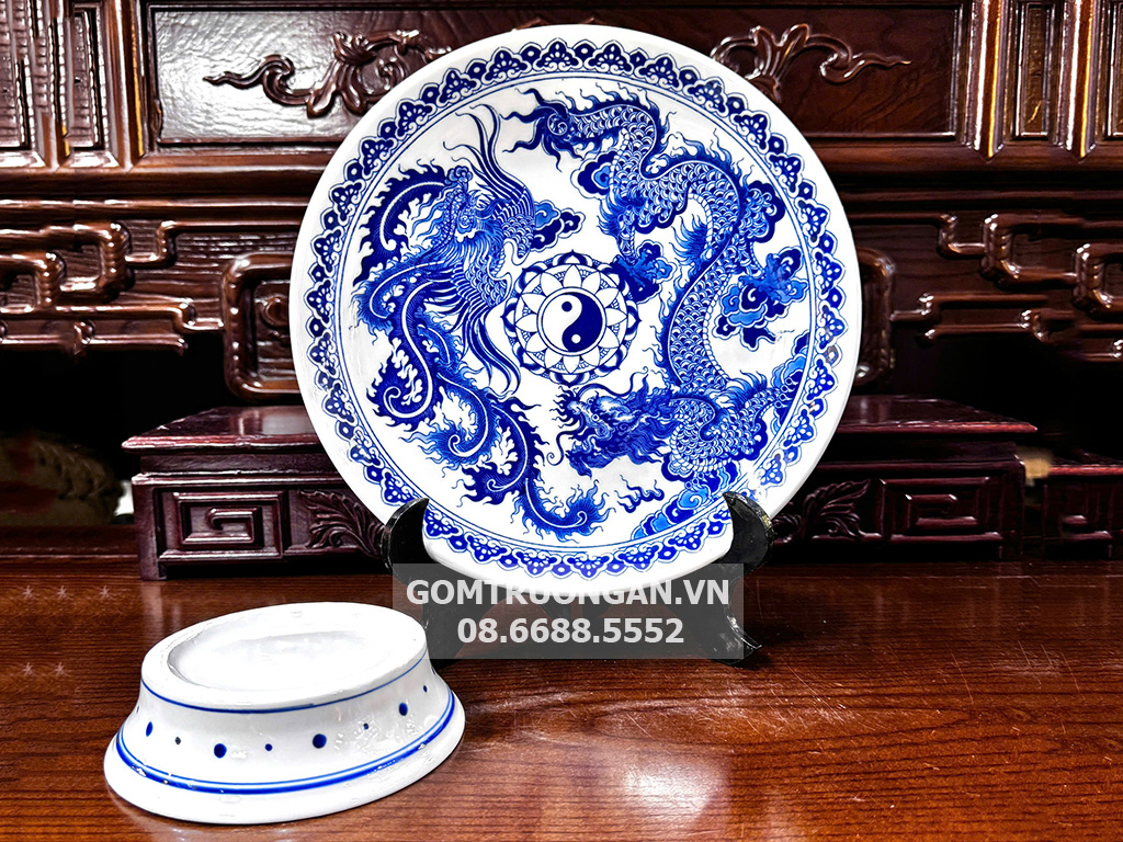 Mâm bồng men lam Long Phụng Rồng Phượng 20cm 2