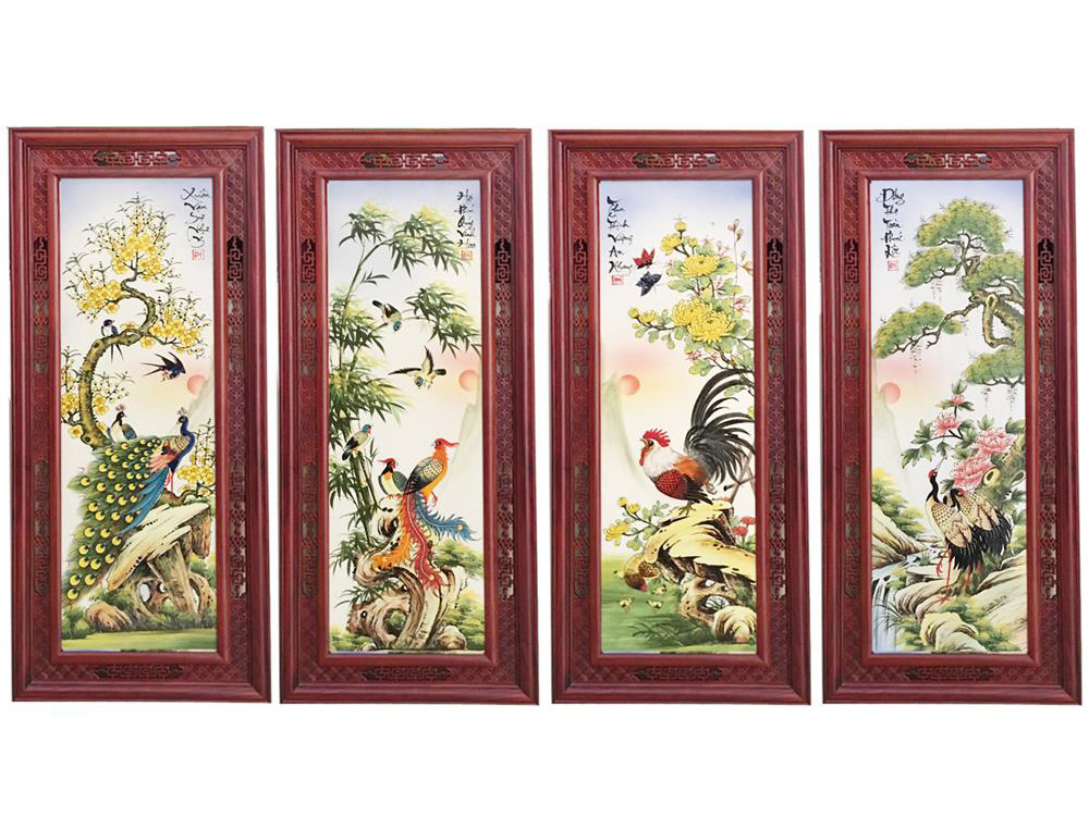 Tranh tứ quý Tùng Cúc Trúc Mai khung gỗ hương 117x52cm 1