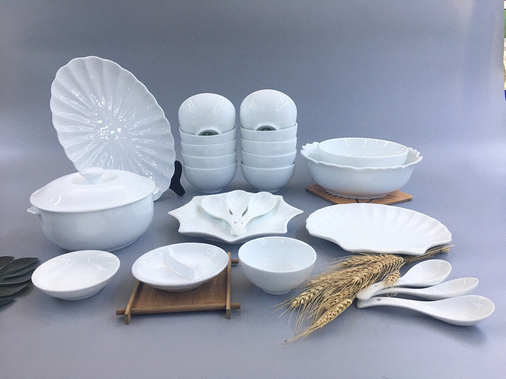 Bộ bát đĩa sứ Bát Tràng men trắng TABDT08 2