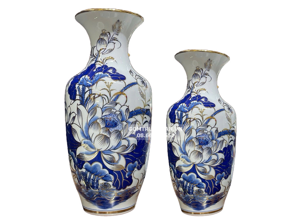 Lộc bình men lam vẽ vàng hoa sen cao 40cm 1