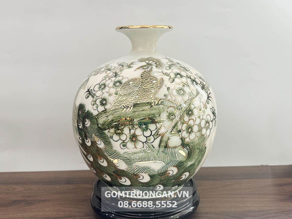 Bình hút lộc vẽ vàng Công Danh Phú Quý men hoàng thổ 25cm 2