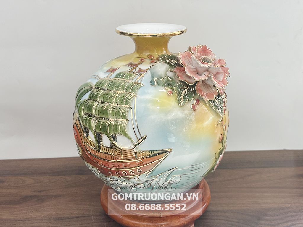 Bình hút lộc vẽ vàng đắp nổi màu 3D Thuận Buồm Xuôi Gió 25cm 2