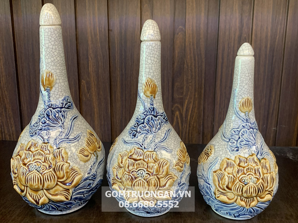 Nậm 1 bầu men rạn nổi Hoa sen cao cấp Trường Xuân S3 1