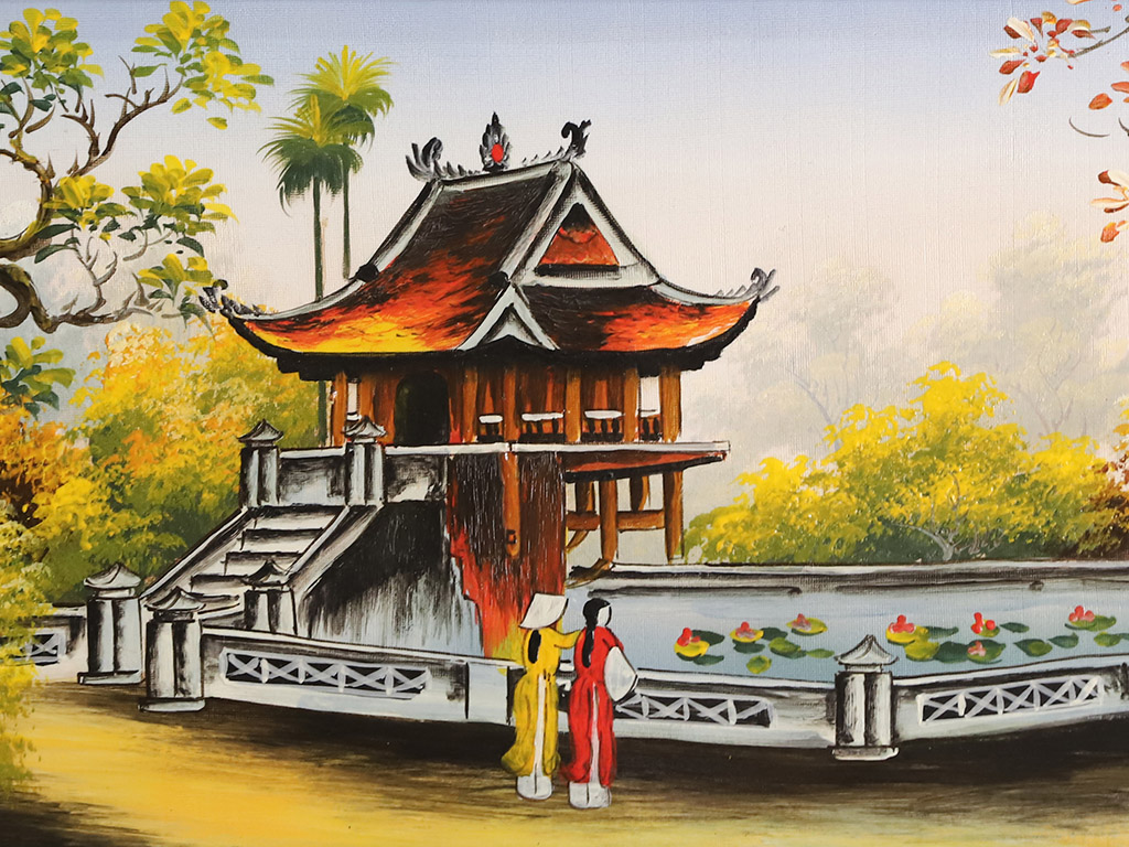 Tranh sứ Bát Tràng vẽ phong cảnh chùa một cột 95x55cm