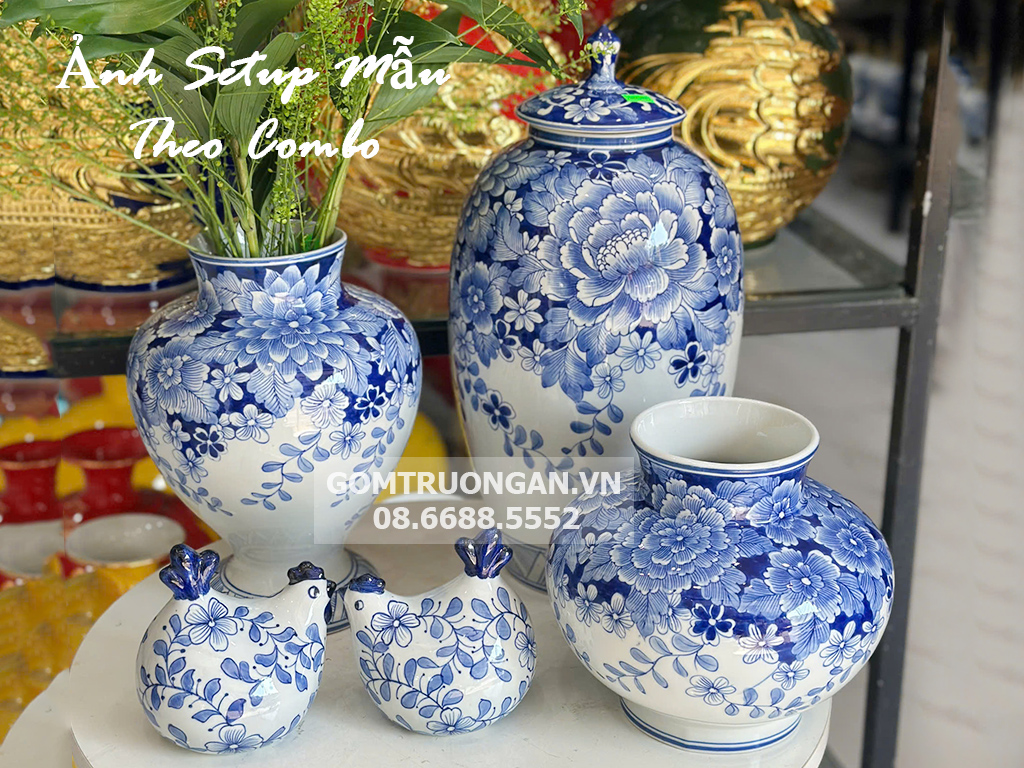 Lọ hoa Bát Tràng decor men lam Vò Nhỏ Miệng Rộng Ngàn Hoa Lửng 2