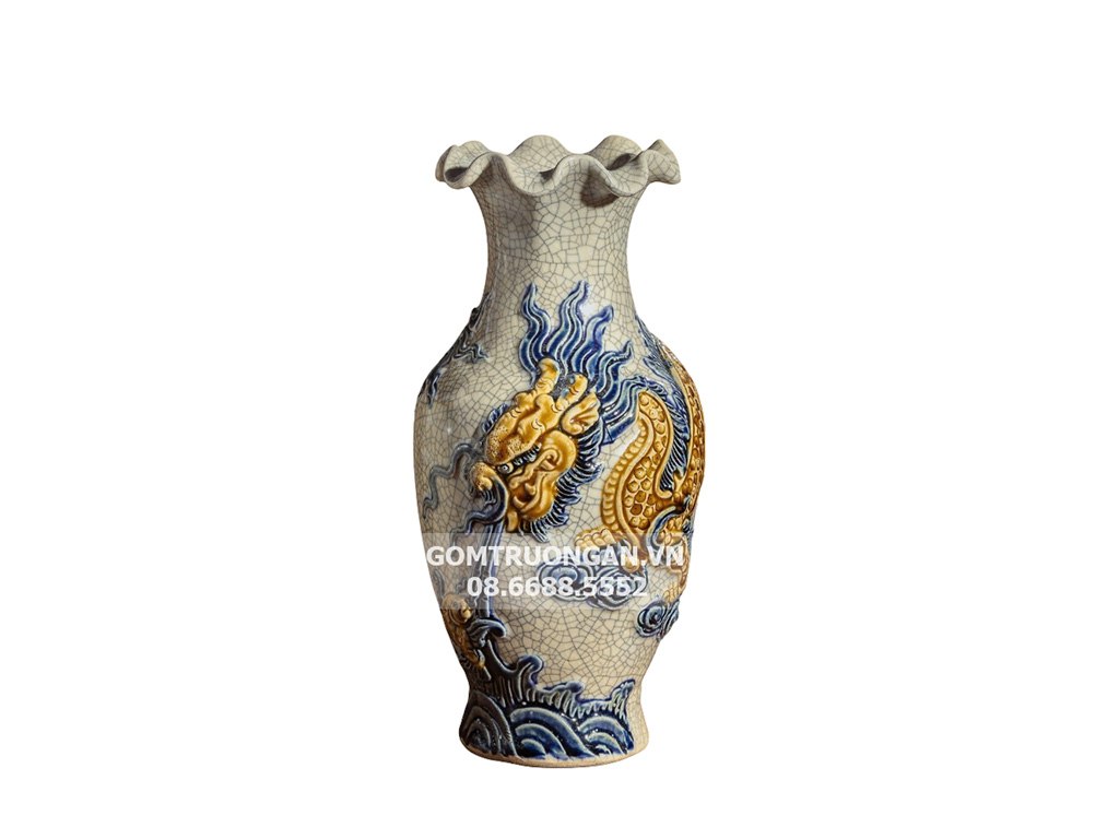 Lọ hoa bàn thờ miệng lượn men rạn nổi Rồng cao cấp Trường Xuân 32cm 1