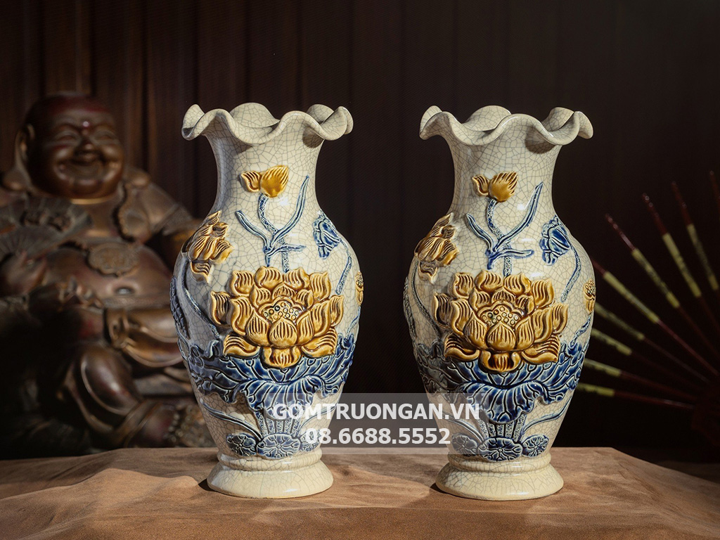 Lọ hoa miệng lượn men rạn nổi Hoa Sen cao cấp Trường Xuân 32cm 2