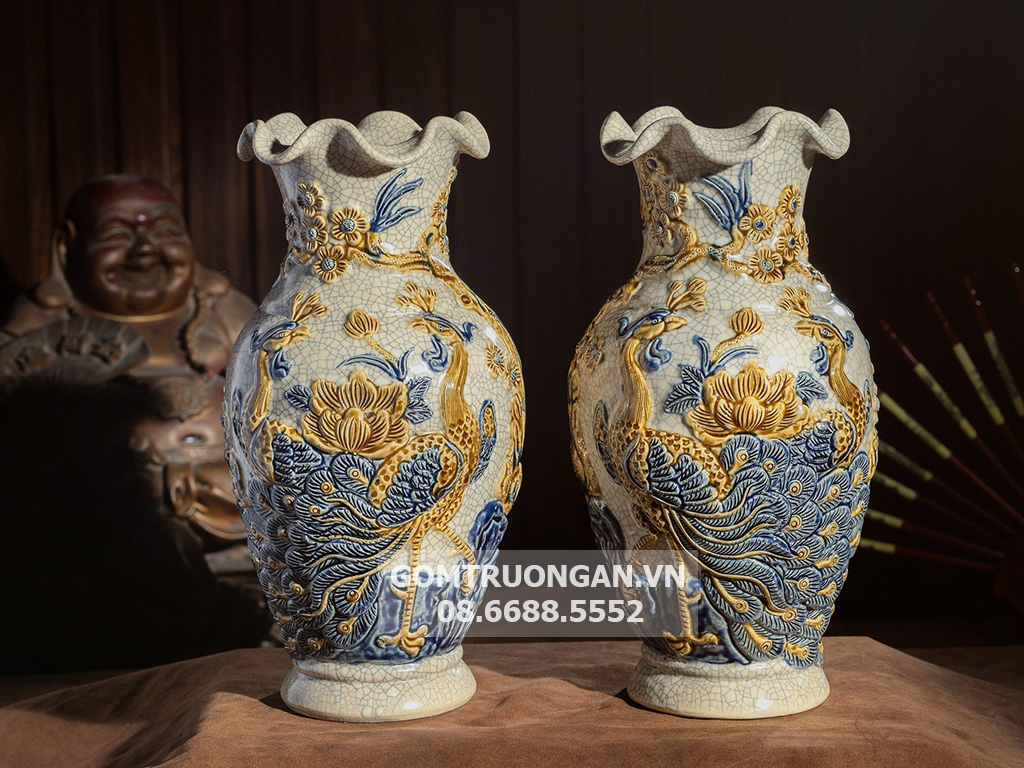 Lọ hoa bàn thờ miệng lượn men rạn nổi Công Đào cao cấp Trường Xuân 32cm 2